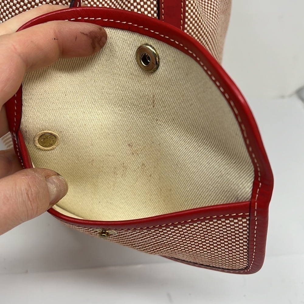 Dooney and Bourke Red Beige Canvas Leather Drawstring Shoulder Bucket Bag - Picture 11 of 16